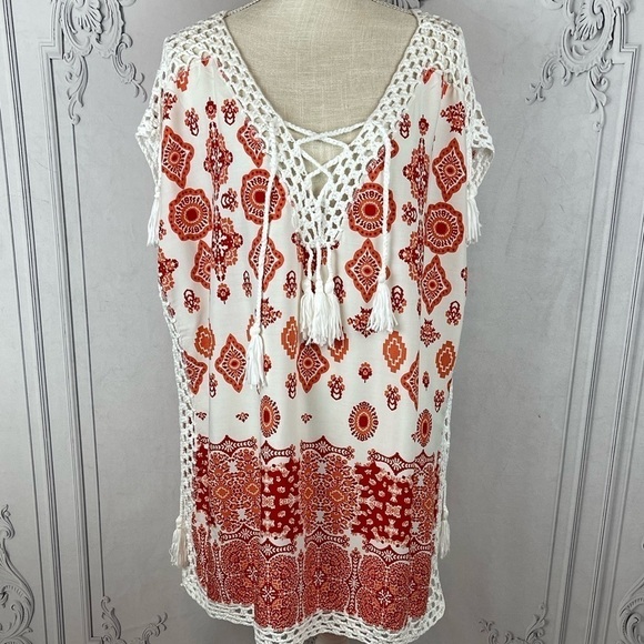 Swimsuit Coverup Top Damask Print Tassel Lace Up Crochet Batwing Plus size - Picture 2 of 12